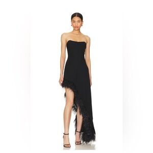 Amanda Uprichard x Revolve Kenda Gown black feather trim strapless maxi dress